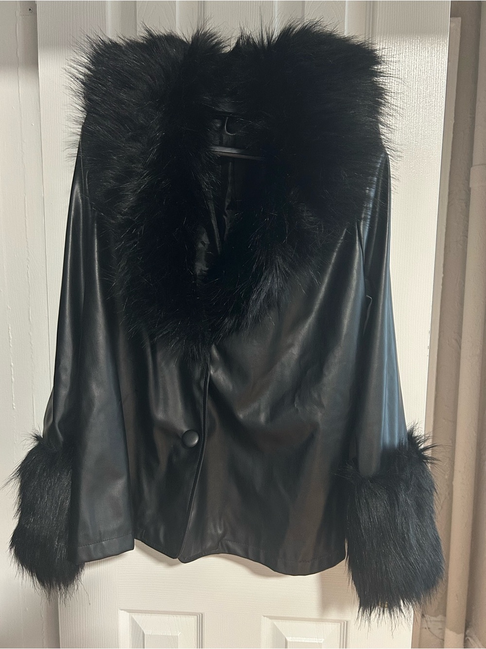 Nasty Gal Black Faux Leather Jacket with Black Faux Fur Collar & Cuffs